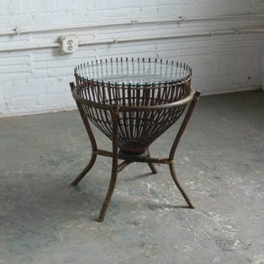 Vintage Franco Albini Inspired Bamboo Fish Basket Side Table 