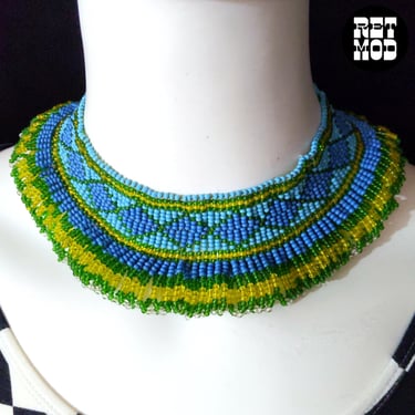 Gorgeous Vintage Blue Green Seed Bead Statement Choker Necklace 