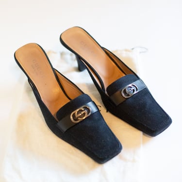 Vintage GUCCI by Tom Ford Black Canvas + Leather Square Toe Heel with Silver GG Logo sz 9 Mules Slides Black Monogram 