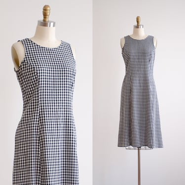 cute cottagecore dress 90s vintage navy blue white gingham checkered plaid sleeveless dress 