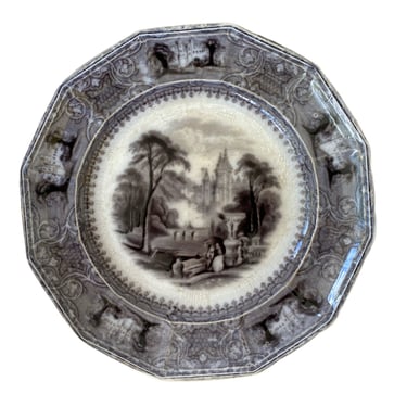 Antique black transferware plate E Challinor Lozere Ironstone Romantic scene with people & French landscape 