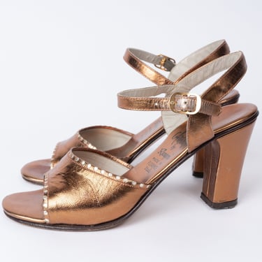 Vintage 1950s Amalfi by Rangoni Italian Bronze Leather Heeled Sandals with Silver Details 6M 