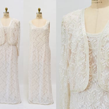 90s Vintage Cream White Lace Beaded Party Wedding Gown Beaded Pink White Lace Jacket Large// Vintage Beaded Pearl Lace Wedding Dress large 