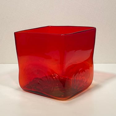 Hand Blown Red Glass Square Vase 