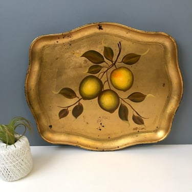 Florentine golden lemons tray - handprinted vintage art tray 