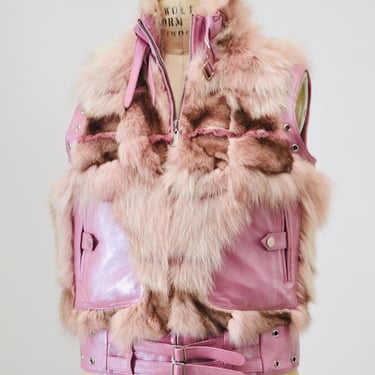 2000s Pink Vintage Fur Leather Vest Pink Fox Fur Biker Vest // 00s Pink Vintage Fur Vest Jacket Small Medium Size 40 