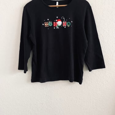 90s Vintage Black Embroidered Snowman Ho Ho Ho Holiday 3/4 Sleeve T Shirt Ugly Christmas Size Medium 