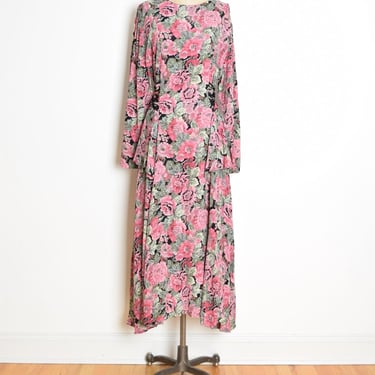 vintage 90s dress black pink floral print rayon peplum modest long maxi dress L 