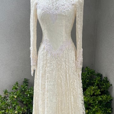 Vintage romantic cream lace midi dress beads sequins Sz 8 Small by French Lace California 