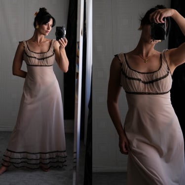 Vintage 50s Yolande Pale Peach Victorian Style Nightgown W/ Black Barmen Lace Trim | Nylon | Negligee, Bride | 1950s Maxi Slip Nightgown 