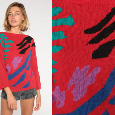 80s Statement Sweater Red Abstract Print Knit Sweater Multicolor Striped Pullover Jacquard Knitwear Vintage 1980s Cotton Ramie Small S 