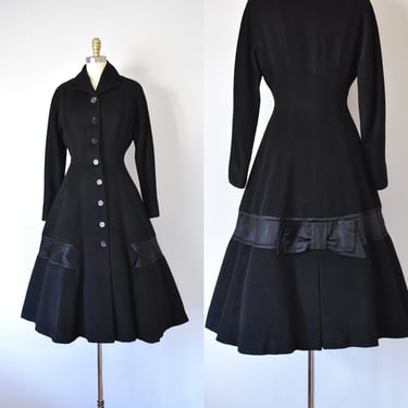 1950s cashmere coat, black princess coat, fit and flare coat, vintage womens coat, wool coat 