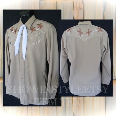 Tem Tex Vintage Western Men's Cowboy Shirt, Rodeo Shirt, Beige with Bold Embroidered Floral Designs, 15-34, Approx. Medium (see meas. photo) 