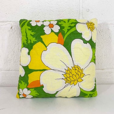 Vintage Quilted Throw Pillow Accent Flowers Floral Sofa Couch White Yellow Green Flower Bohemian Mid-Century 1960s 