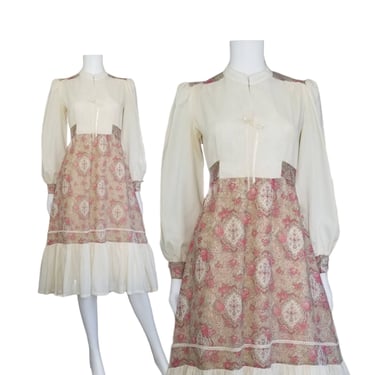 Vintage Ruffled Prairie Dress, Small / 1970s Victorian Revival Tea Dress / High Neck Long Sleeve Dress / Renaissance Style Cottagecore Dress 