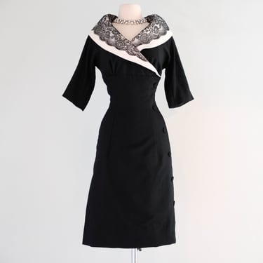 Vintage 1950's Black Wool &amp; Lace Cocktail Dress by Miss Elliette / M