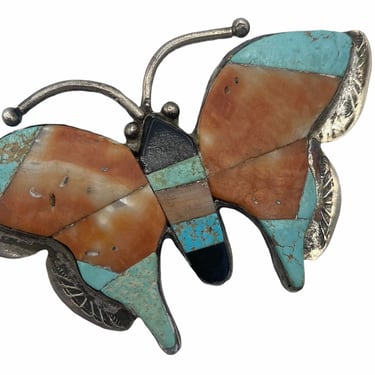 Silver, Turquoise and Shell Inlay Butterfly Brooch