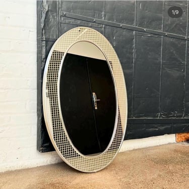 1970’s Mid Century Round Grid Mirror by Turner. Post Modern / Vapor / Tron Wave Vintage Round Wall Mirror. 