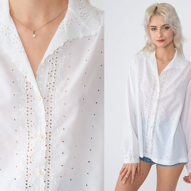 Embroidered White Blouse 70s Floral Eyelet Cutout Top Semi-Sheer Button up Shirt Boho Long Sleeve Bohemian Cutwork Vintage 1970s Medium M 