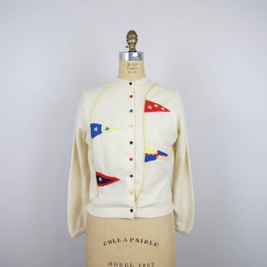 Vintage 1950s cashmere cardigan sweater, embroidered, nautical, crewel 