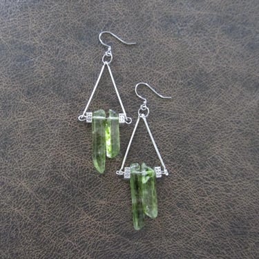 Raw quartz green crystal earrings, rustic boho chic earrings, unique geode, silver 