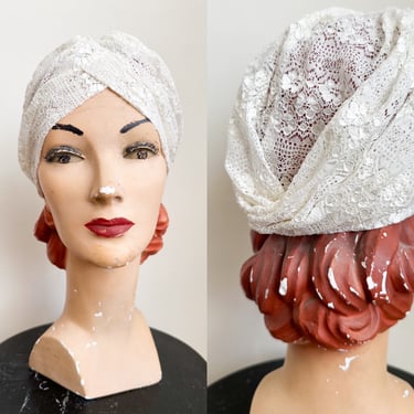 Vintage Ecru Lace Turban Hat / Sleeping Cap / Bonnet 