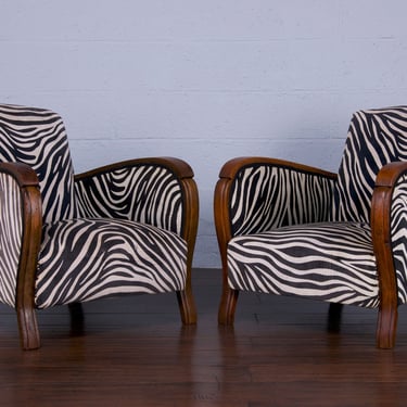 1950s French Art Deco Bridge Arms Club Chairs W/ Zebra Velvet - A Pair 