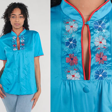 Asian Style Pajama Shirt 80s Turquoise Blue Floral Embroidered Pajamas Top Button Up Blouse Flower Sleep Vintage 1980s Short Sleeve Large L 