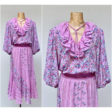 Vintage 1980s Assorti for Susan Freis Dress, Pink Polyester Chiffon Mixed Print Tea Length w/Bias Cut Skirt, Boho Gypsy Style, Med-Large 