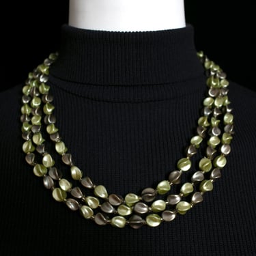 Beautiful Vintage 50s 60s Pearly Olive Green Beaded 3-Strand Necklace 