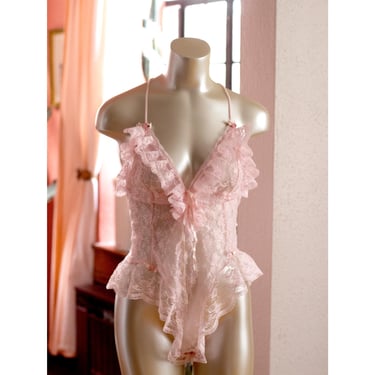 Vintage Pink Lace Bodysuit, Teddy - 1980s, 1990s - Roses, Ruffles - Sheer - Vintage Lingerie - Coquette, Victorian 