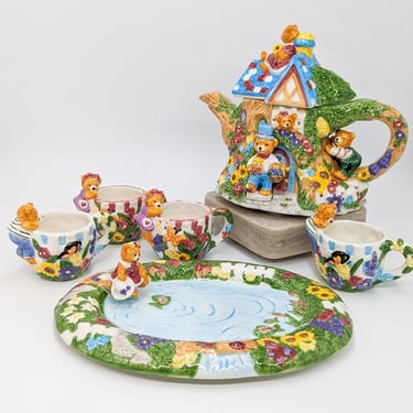Vintage Mercuries 1996 Teddy Bear Tea Set 12 pc (Teapot, Creamer, Sugar Container, 4 Coasters, 4 Cups, Plate) 
