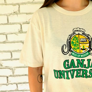 Ganja University Jamaica Tee // vintage soft thin cotton blend shirt boho t-shirt t boho 70s 1970s weed marijuana pot // O/S 