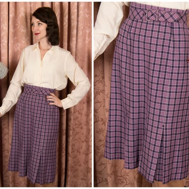 1950s Skirt - Chic JANTZEN Vintage 50s Purple Plaid Wool Skirt with Original Self Fabric Belt 