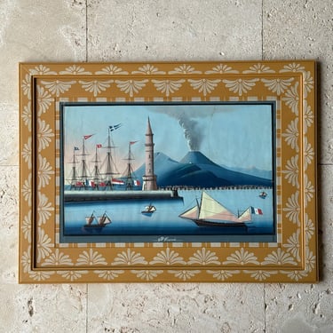 19th C. Neapolitan Gouache of the View of Vesuvius by Day I Circa 1830 in Yellow Gusto Painted Frame IX