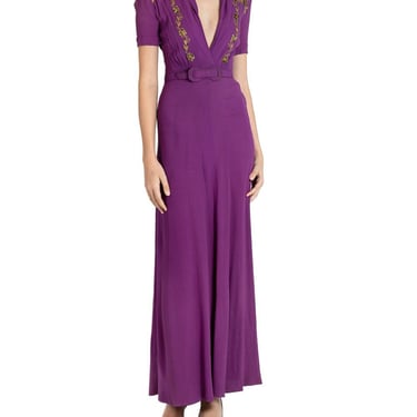 1930S Purple Rayon Crepe Dress With Belt  Gold Sequin Embellishment 