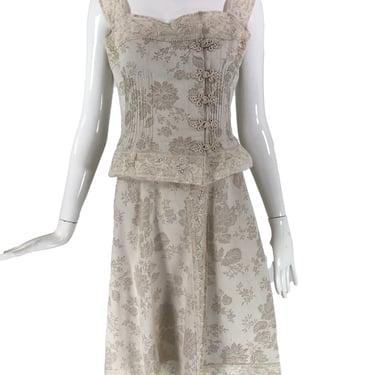 Valentino Boutique Ivory Floral Damask Linen &amp; Lace Camisole Top &amp; Skirt 1980s