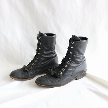 USA black leather lace boots - 9 - vintage 90s lace western cowboy cowgirl boots Justin shoes roper ropers 