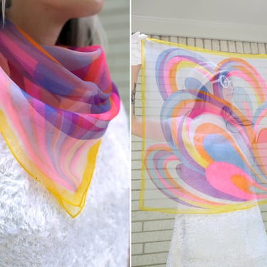 Groovy Vintage 60s 70s Colorful Psychedelic Op Art Sheer Square Scarf 