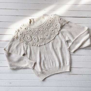 cream crochet sweater 80s 90s vintage white mockneck lace collar sweater 