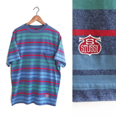 vintage Stussy shirt / striped t shirt / 1980s Stussy multi color striped pocket t shirt Large 