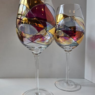 Abstract Balloon Wine Glasses, Handblown Mosaic Wine Glasses, Blown Glass, Vintage Wine Glasses, Extra Large Wine Glasses, Vintage Drinkware 
