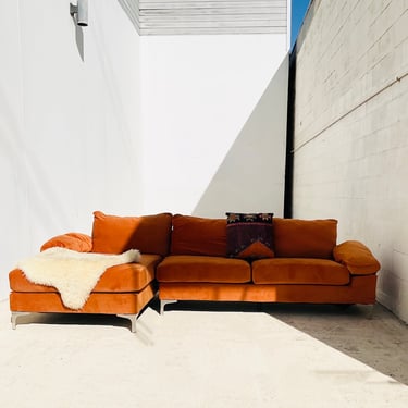 Orange Velveteen Contemporary Sectional Couch