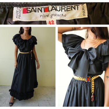 Yves Saint Laurent Silk Taffeta Blouse and Maxi Skirt Set / YSL Rive Gauche / Rare Black Vintage / Frilly Sleeves  / Wedding Guest Dress 