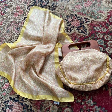 Liberty of London Bermuda bag & silk scarf | butter yellow paisley, top handle bag, vintage ‘80s Trimingams 