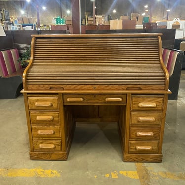 Vintage Oak Roll-Top Writing Desk with Key