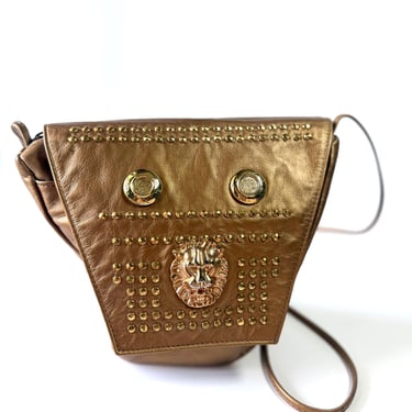 Vintage Purse By THE ICING Lion Purse, Leather Crossbody Bag Bronze, Lion Crest Emblem and Grommets, 90s Shoulder Purse 