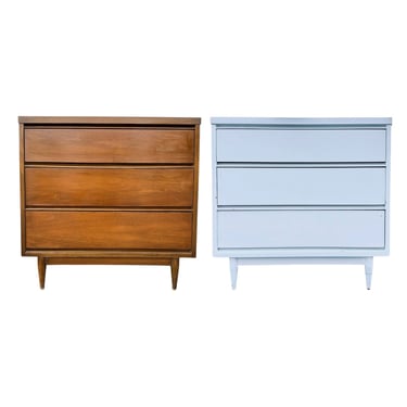 Set of 2 Mid Century Modern Nightstands with 3 Drawers 31” Tall - 1960s Vintage Wood MCM MidCentury Bachelor Chest Dresser Tables Pair 