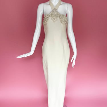 The Victoria Dress; Y2K Cream Ivory Beaded Halter Dress 