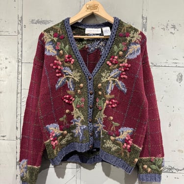 Vintage Hand Knit Sweater Floral Design 3D Knit Cottage Core Cardigan 